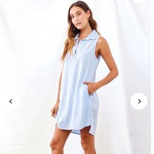 Bella Dahl Tencel Sleeveless Shift Dress Blue Pockets Minimal Coastal XS EUC